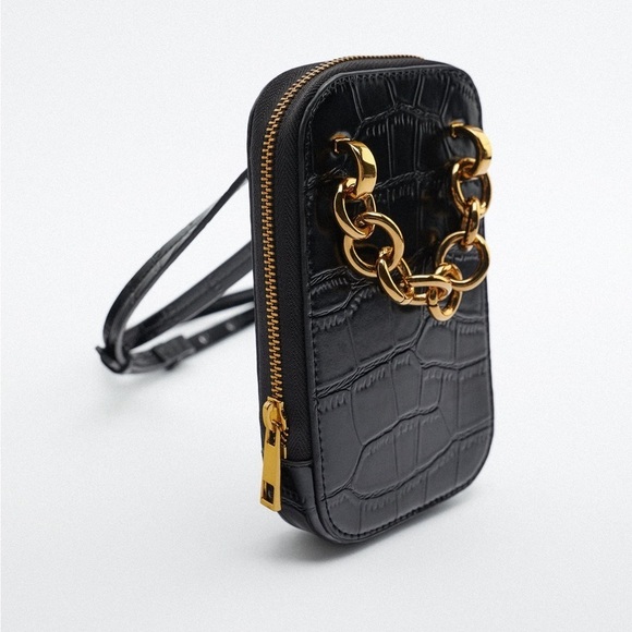 NWOT. Zara Black Animal Print Mobile Phone Bag with Chain - Picture 5 of 7